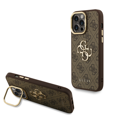 Apple iPhone 14 Pro Max Case Guess Original Licensed PU Leather 4G Patterned Metal Big 4G and Text Logo Camera Stand Cover Brown
