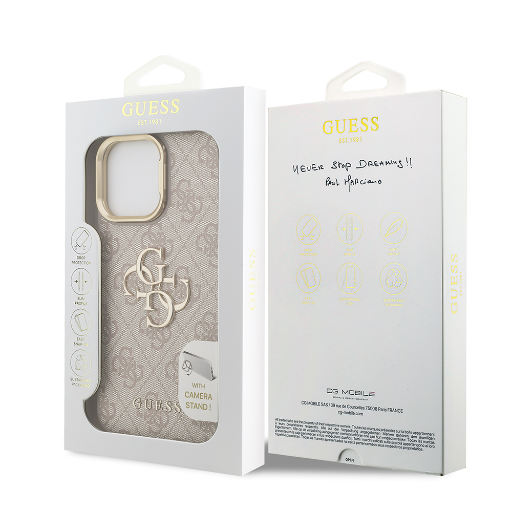 Apple iPhone 14 Pro Max Case Guess Original Licensed PU Leather 4G Patterned Metal Big 4G and Text Logo Camera Stand Cover - 33
