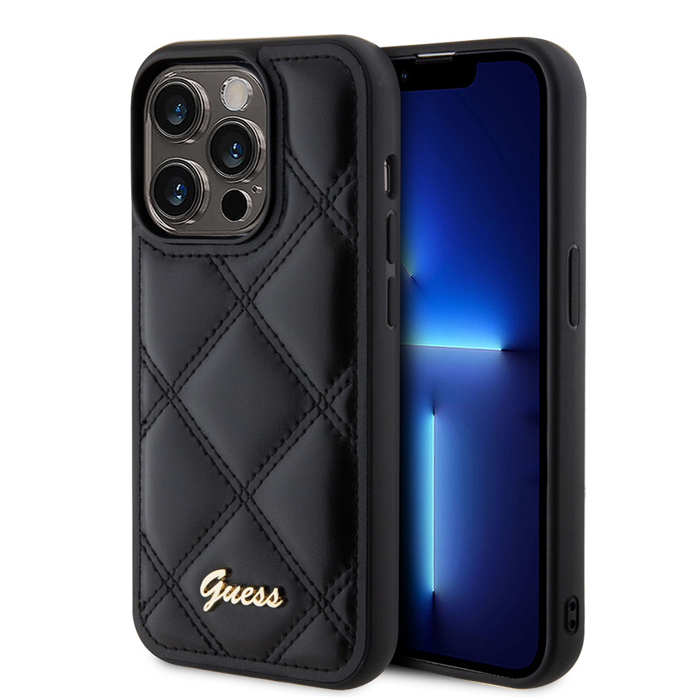 Apple iPhone 14 Pro Max Case Guess Original Licensed PU Leather Metal Text Logo Quilted Cover - 2