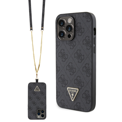 Apple iPhone 14 Pro Max Case Guess Original Licensed PU Leather Stone Metal Triangle Logo Crossbody Strap 4G Patterned Cover Black