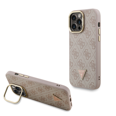 Apple iPhone 14 Pro Max Case Guess Original Licensed PU Leather Stone Triangle Logo 4G Patterned Camera Stand Cover Pink