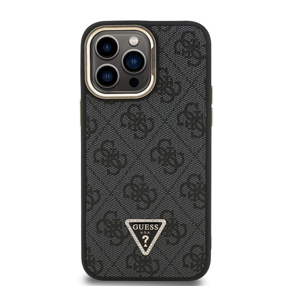 Apple iPhone 14 Pro Max Case Guess Original Licensed PU Leather Stone Triangle Logo 4G Patterned Camera Stand Cover - 13