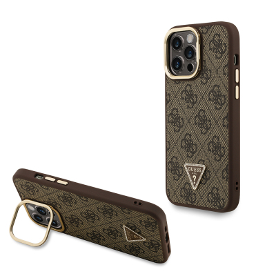 Apple iPhone 14 Pro Max Case Guess Original Licensed PU Leather Stone Triangle Logo 4G Patterned Camera Stand Cover Brown