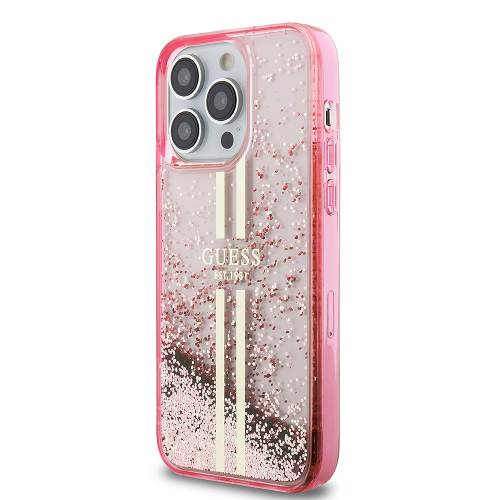 Apple iPhone 14 Pro Max Case Guess Original Licensed Transparent Liquid Glitter Gold Striped Cover - 10