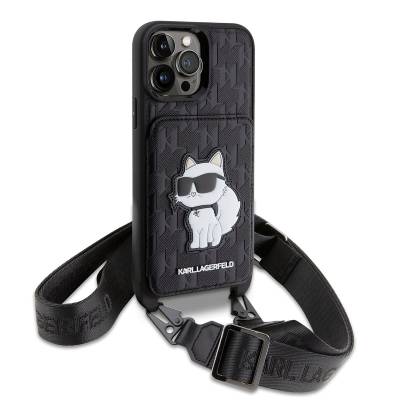 Apple iPhone 14 Pro Max Case Karl Lagerfeld Choupette Design Cover with Neck Strap Card Holder Black