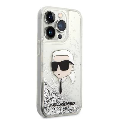 Apple iPhone 14 Pro Max Case Karl Lagerfeld Liquid Glitter Karl Head Design Cover Silver