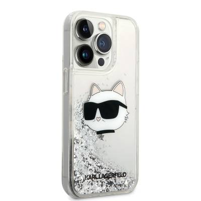 Apple iPhone 14 Pro Max Case Karl Lagerfeld Liquid Glittery Choupette Head Design Cover Silver