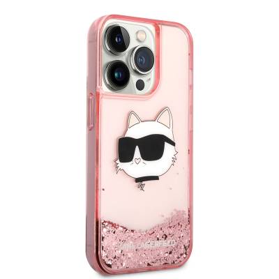 Apple iPhone 14 Pro Max Case Karl Lagerfeld Liquid Glittery Choupette Head Design Cover Pink