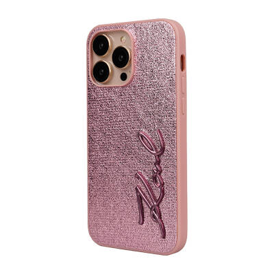 Apple iPhone 14 Pro Max Case Karl Lagerfeld Original Licensed 3D KL Written Furry Back Surface Saffiano Rhinestones Cover Pink