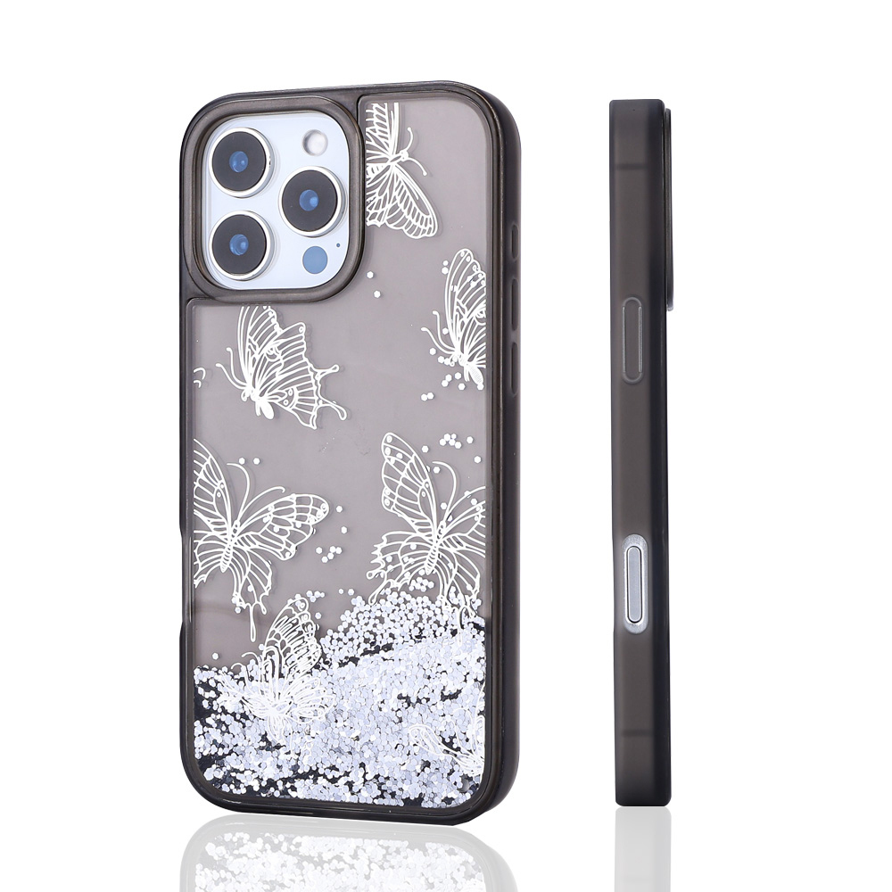 Apple iPhone 14 Pro Max Case Liquid Glitter Butterfly Printed Transparent Back Surface Zore Glis Silicone Cover - 5