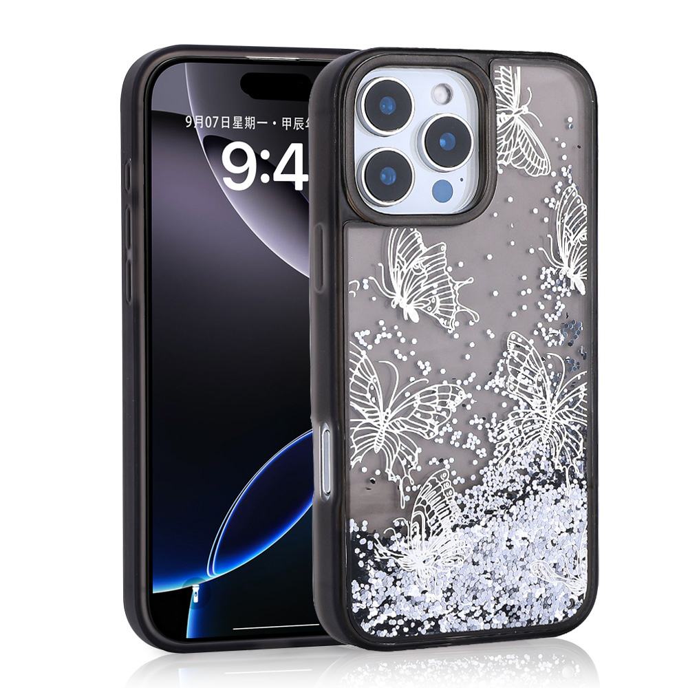 Apple iPhone 14 Pro Max Case Liquid Glitter Butterfly Printed Transparent Back Surface Zore Glis Silicone Cover - 2