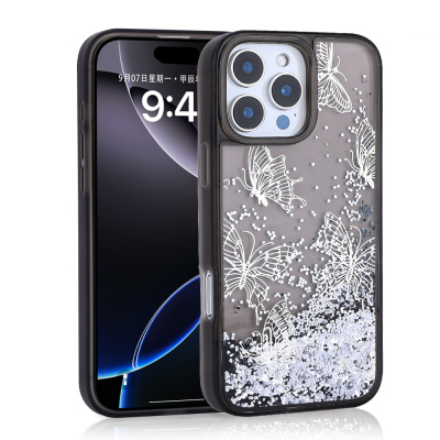 Apple iPhone 14 Pro Max Case Liquid Glitter Butterfly Printed Transparent Back Surface Zore Glis Silicone Cover Black