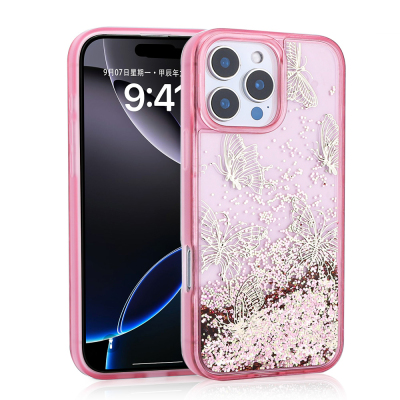 Apple iPhone 14 Pro Max Case Liquid Glitter Butterfly Printed Transparent Back Surface Zore Glis Silicone Cover Pink