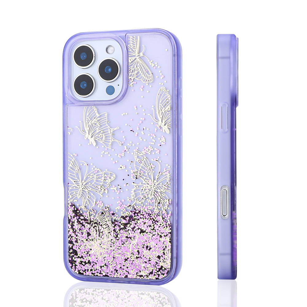 Apple iPhone 14 Pro Max Case Liquid Glitter Butterfly Printed Transparent Back Surface Zore Glis Silicone Cover - 7