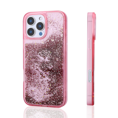 Apple iPhone 14 Pro Max Case Liquid Glitter Transparent Back Surface Zore Keto Silicone Cover Pink