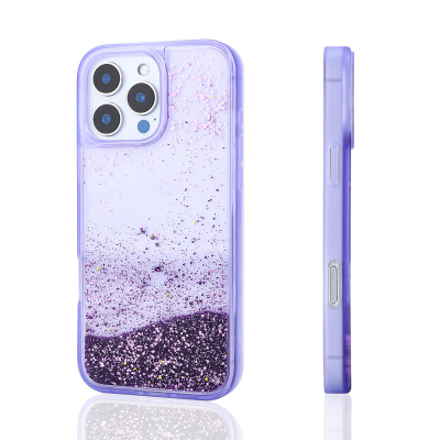 Apple iPhone 14 Pro Max Case Liquid Glitter Transparent Back Surface Zore Keto Silicone Cover Purple