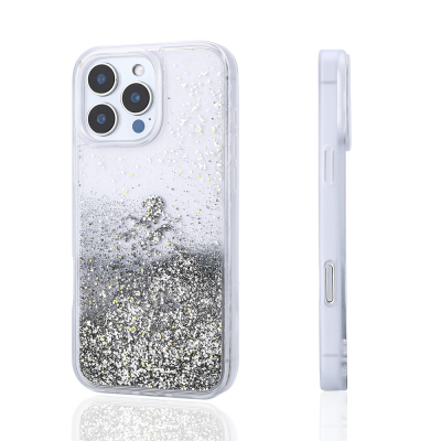 Apple iPhone 14 Pro Max Case Liquid Glitter Transparent Back Surface Zore Keto Silicone Cover Silver