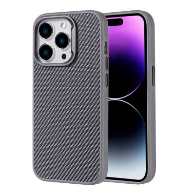 Apple iPhone 14 Pro Max Case Magsafe Charging Feature Carbon Fiber Look Zore Troy Cover Silver