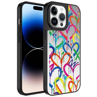 Apple iPhone 14 Pro Max Case Mirror Patterned Camera Protected Glossy Zore Mirror Cover Kalp