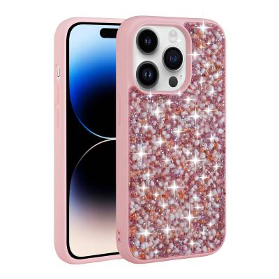 Apple iPhone 14 Pro Max Case Shiny Stone Design Zore Linea Cover Pink