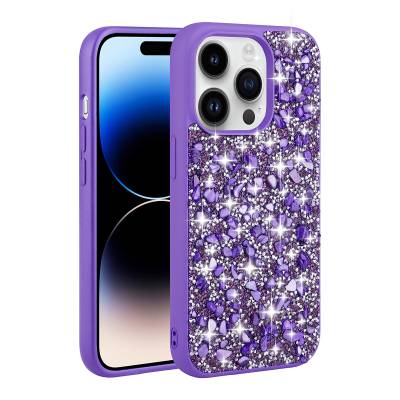 Apple iPhone 14 Pro Max Case Shiny Stone Design Zore Linea Cover Purple