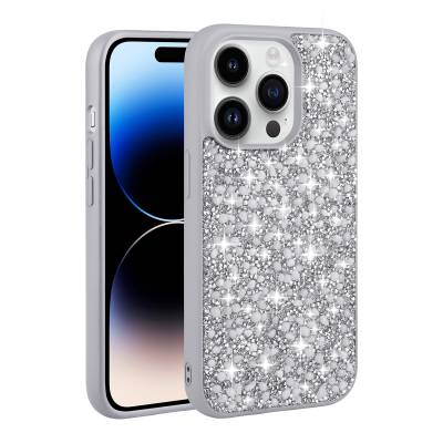 Apple iPhone 14 Pro Max Case Shiny Stone Design Zore Linea Cover Silver