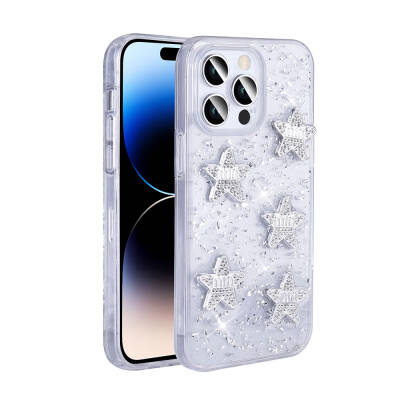 Apple iPhone 14 Pro Max Case with Airbag Glitter Back Surface Zore Shimmer Silicone Cover Beyaz-Yıldız