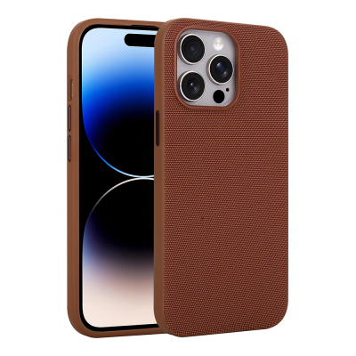 Apple iPhone 14 Pro Max Case with M-Safe Charging Feature, Fabric Design, Zore Miami Hard PC Cover Brown