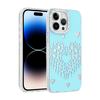 Apple iPhone 14 Pro Max Case with Rhinestone Embellishment - Zore Rivas Hard PC Cover Blue