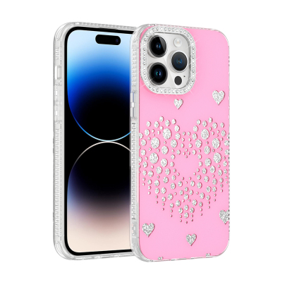 Apple iPhone 14 Pro Max Case with Rhinestone Embellishment - Zore Rivas Hard PC Cover Pink