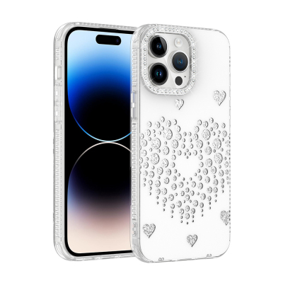 Apple iPhone 14 Pro Max Case with Rhinestone Embellishment - Zore Rivas Hard PC Cover White
