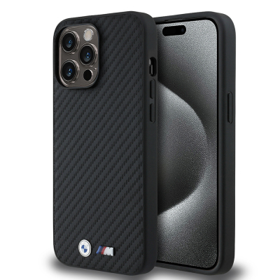 Apple iPhone 14 Pro Max Kılıf BMW Orjinal Lisanslı Karbon Fiber Tasarımlı ve Metal Logolu PU Deri Kapak Siyah