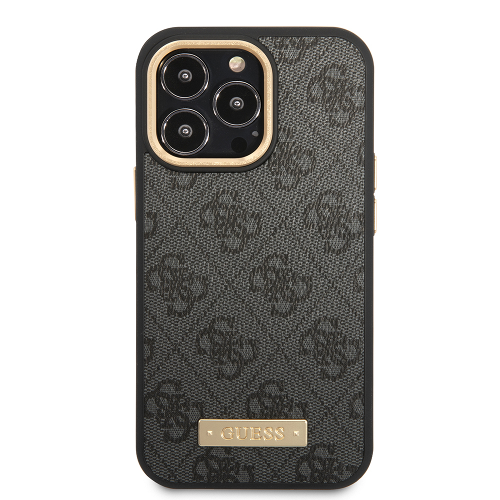 Apple iPhone 14 Pro Max Kılıf Guess Orjinal Lisanslı M-safe Şarj Özellikli 4G Desenli PU Metal Plaka Klasik Logolu Kapak - 5