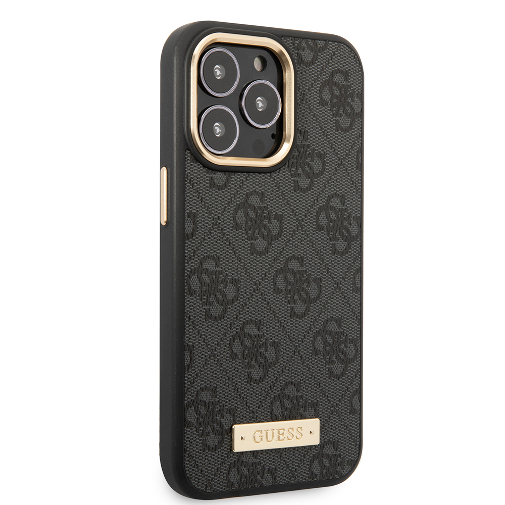 Apple iPhone 14 Pro Max Kılıf Guess Orjinal Lisanslı M-safe Şarj Özellikli 4G Desenli PU Metal Plaka Klasik Logolu Kapak - 6
