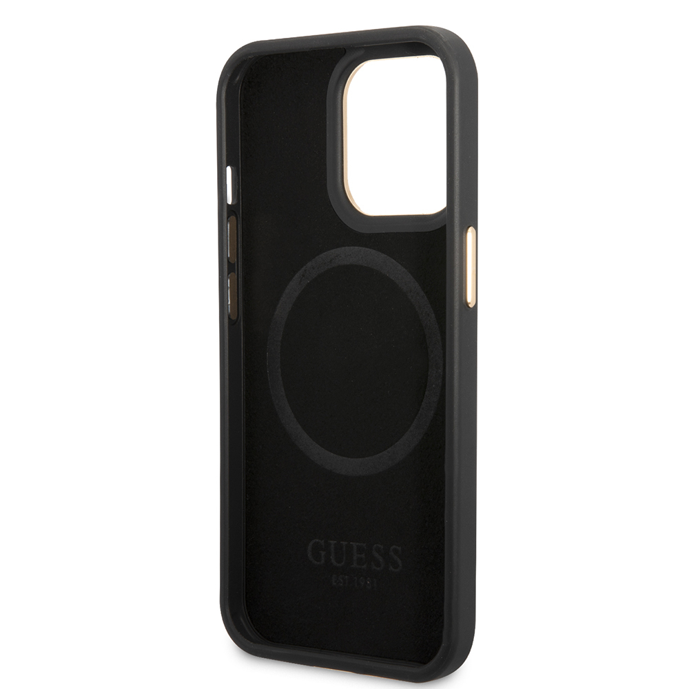 Apple iPhone 14 Pro Max Kılıf Guess Orjinal Lisanslı M-safe Şarj Özellikli 4G Desenli PU Metal Plaka Klasik Logolu Kapak - 16