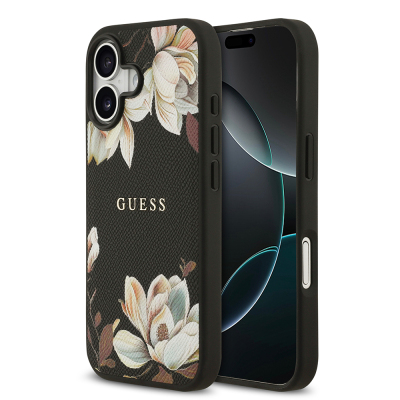 Apple iPhone 17 Kılıf Guess Orjinal Lisanslı M-safe Şarj Özellikli Taneli Çiçek Tasarımlı Metal Yazı Logolu Kapak Siyah