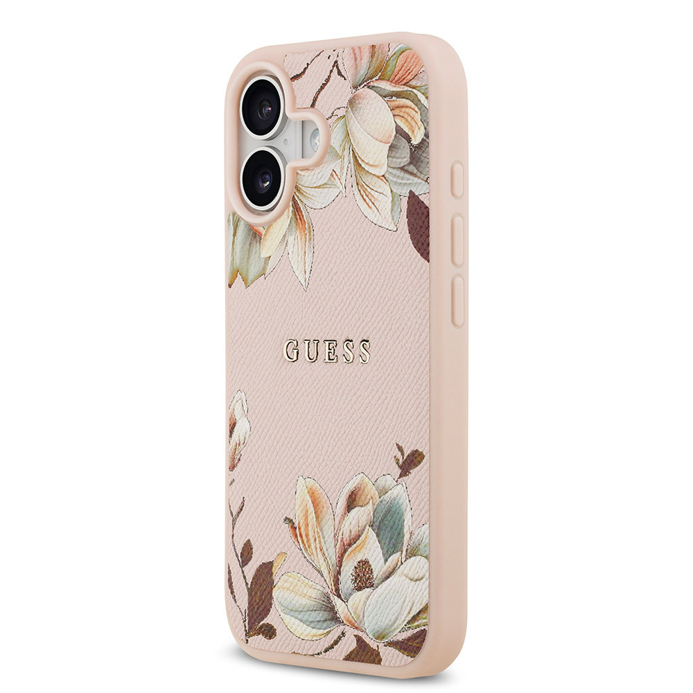Apple iPhone 17 Kılıf Guess Orjinal Lisanslı M-safe Şarj Özellikli Taneli Çiçek Tasarımlı Metal Yazı Logolu Kapak - 11