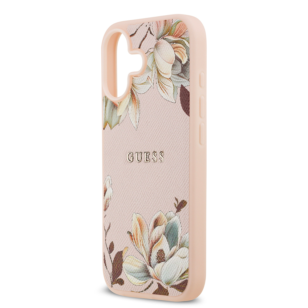 Apple iPhone 17 Kılıf Guess Orjinal Lisanslı M-safe Şarj Özellikli Taneli Çiçek Tasarımlı Metal Yazı Logolu Kapak - 15