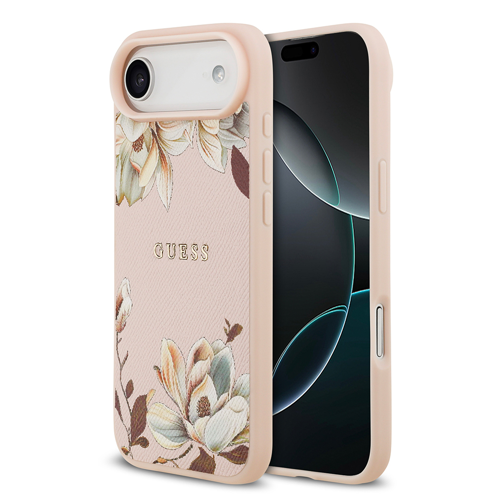 Apple iPhone 17 Air Kılıf Guess Orjinal Lisanslı M-safe Şarj Özellikli Taneli Çiçek Tasarımlı Metal Yazı Logolu Kapak - 1