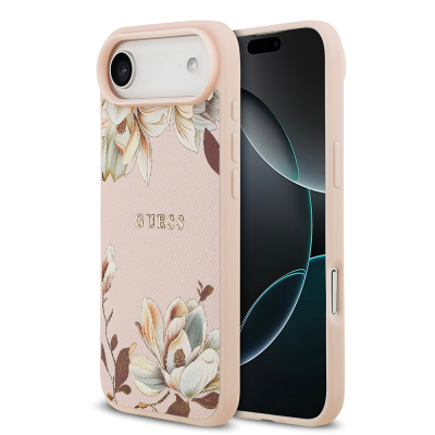 Apple iPhone 17 Air Kılıf Guess Orjinal Lisanslı M-safe Şarj Özellikli Taneli Çiçek Tasarımlı Metal Yazı Logolu Kapak Pembe