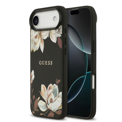 Apple iPhone 17 Air Kılıf Guess Orjinal Lisanslı M-safe Şarj Özellikli Taneli Çiçek Tasarımlı Metal Yazı Logolu Kapak Siyah