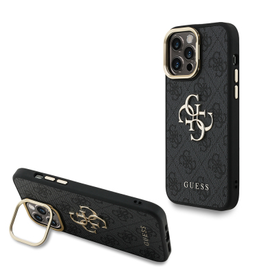 Apple iPhone 14 Pro Max Kılıf Guess Orjinal Lisanslı PU Deri 4G Desenli Metal Büyük 4G ve Yazı Logolu Kamera Standlı Kapak Siyah