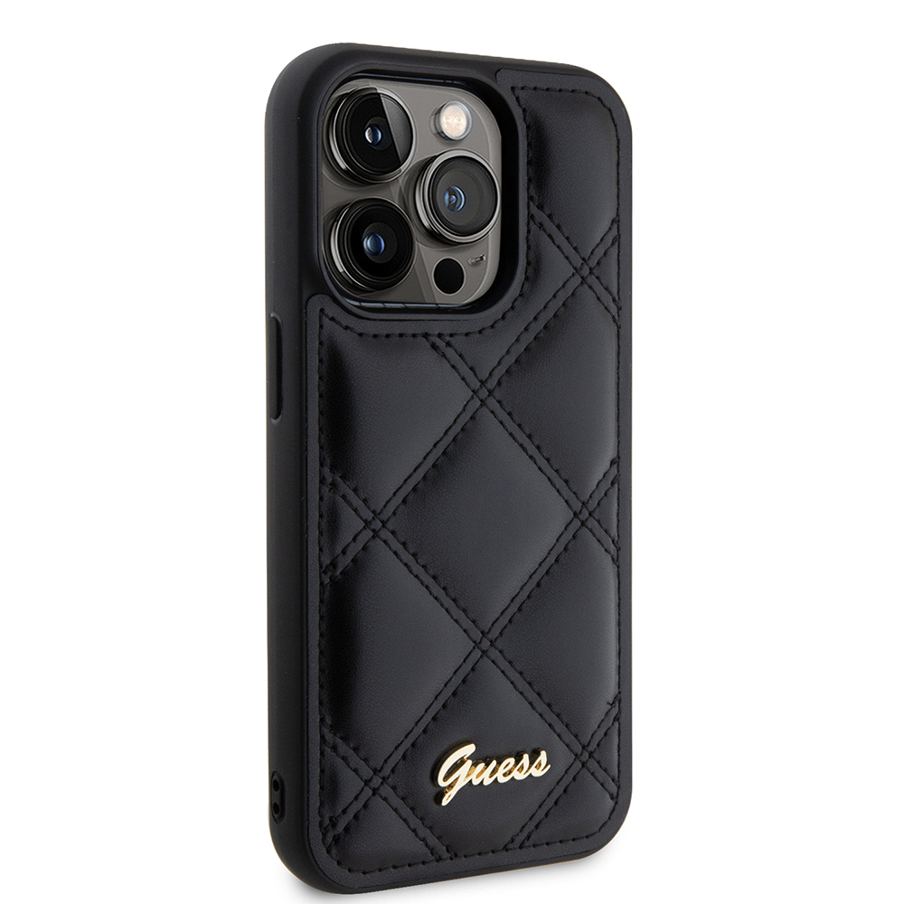 Apple iPhone 14 Pro Max Kılıf Guess Orjinal Lisanslı PU Deri Metal Yazı Logolu Kapitone Kapak - 5