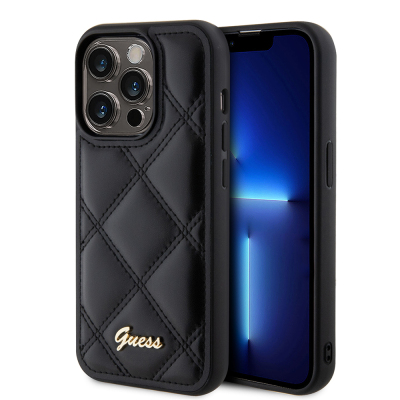 Apple iPhone 14 Pro Max Kılıf Guess Orjinal Lisanslı PU Deri Metal Yazı Logolu Kapitone Kapak Siyah