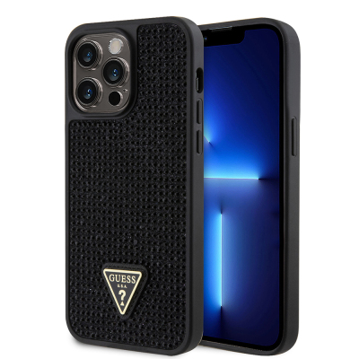 Apple iPhone 14 Pro Max Kılıf Guess Orjinal Lisanslı Taşlı Arka Yüzey Üçgen Logolu Kapak Siyah