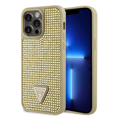 Apple iPhone 14 Pro Max Kılıf Guess Orjinal Lisanslı Taşlı Arka Yüzey Üçgen Logolu Kapak Gold