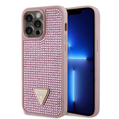 Apple iPhone 14 Pro Max Kılıf Guess Orjinal Lisanslı Taşlı Arka Yüzey Üçgen Logolu Kapak Pembe