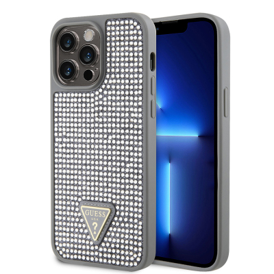 Apple iPhone 14 Pro Max Kılıf Guess Orjinal Lisanslı Taşlı Arka Yüzey Üçgen Logolu Kapak Gümüş