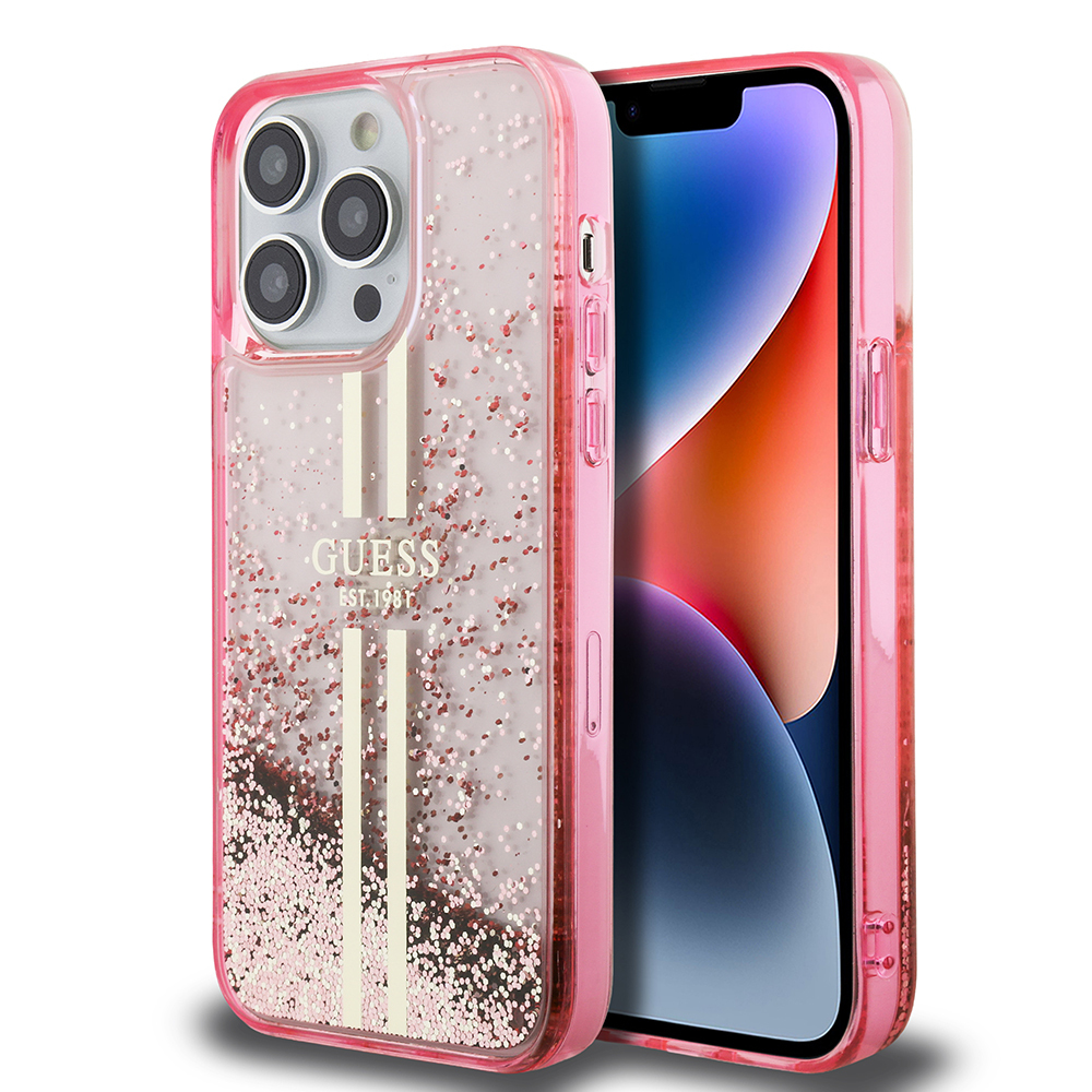 Apple iPhone 14 Pro Max Kılıf Guess Orjinal Lisanslı Transparan Sıvılı Simli Altın Çizgili Kapak - 3