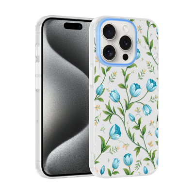 Apple iPhone 14 Pro Max Kılıf Kamera Korumalı Desenli Zore Klip Kapak Mavi Lale